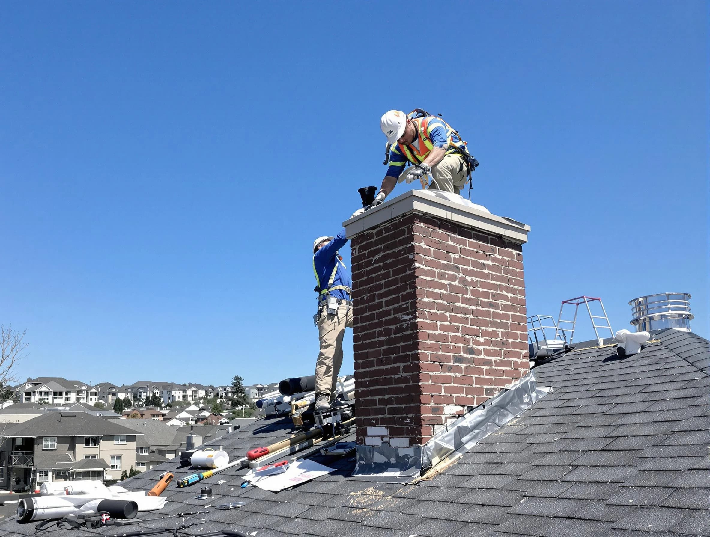Franklin Chimney Sweep repairing a chimney crown in Franklin, MA