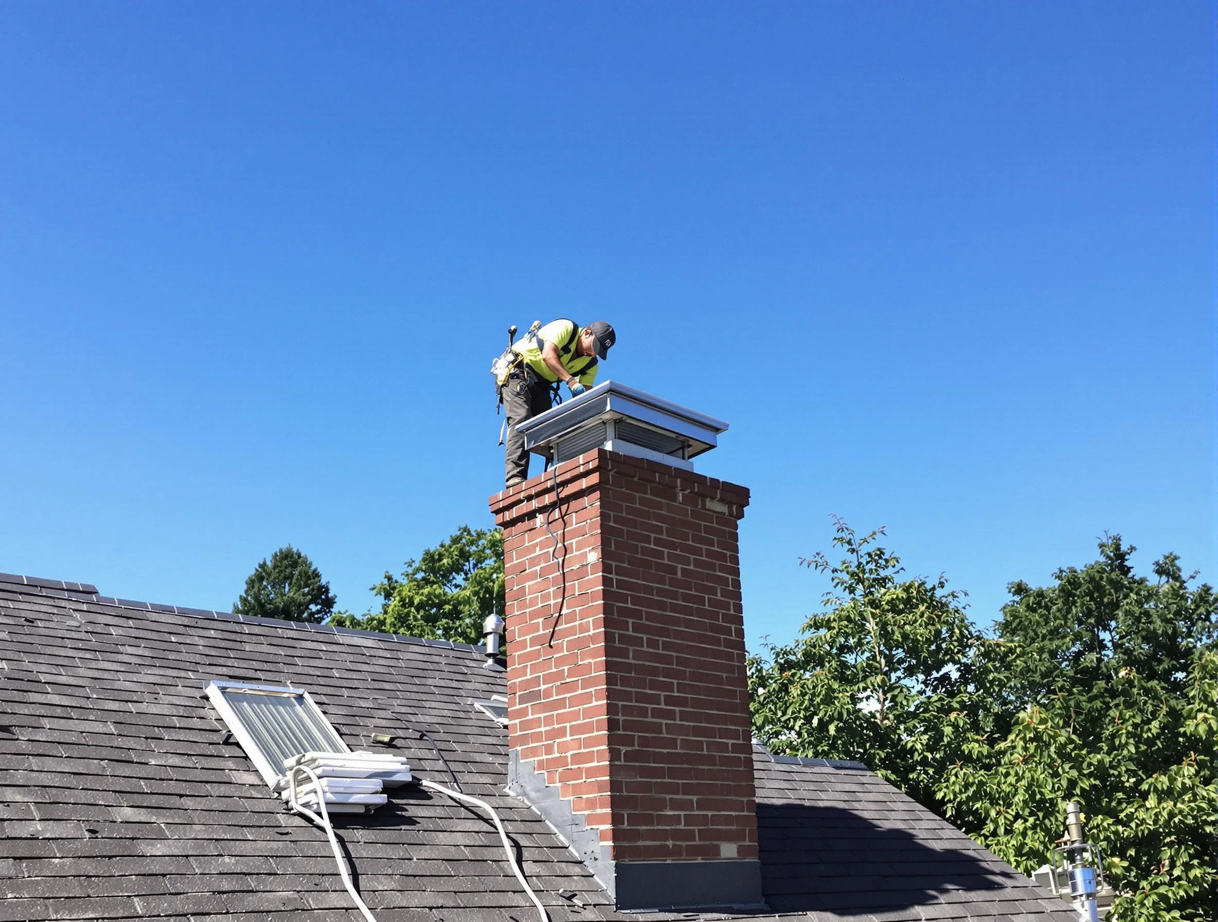 Franklin Chimney Sweep technician measuring a chimney cap in Franklin, MA