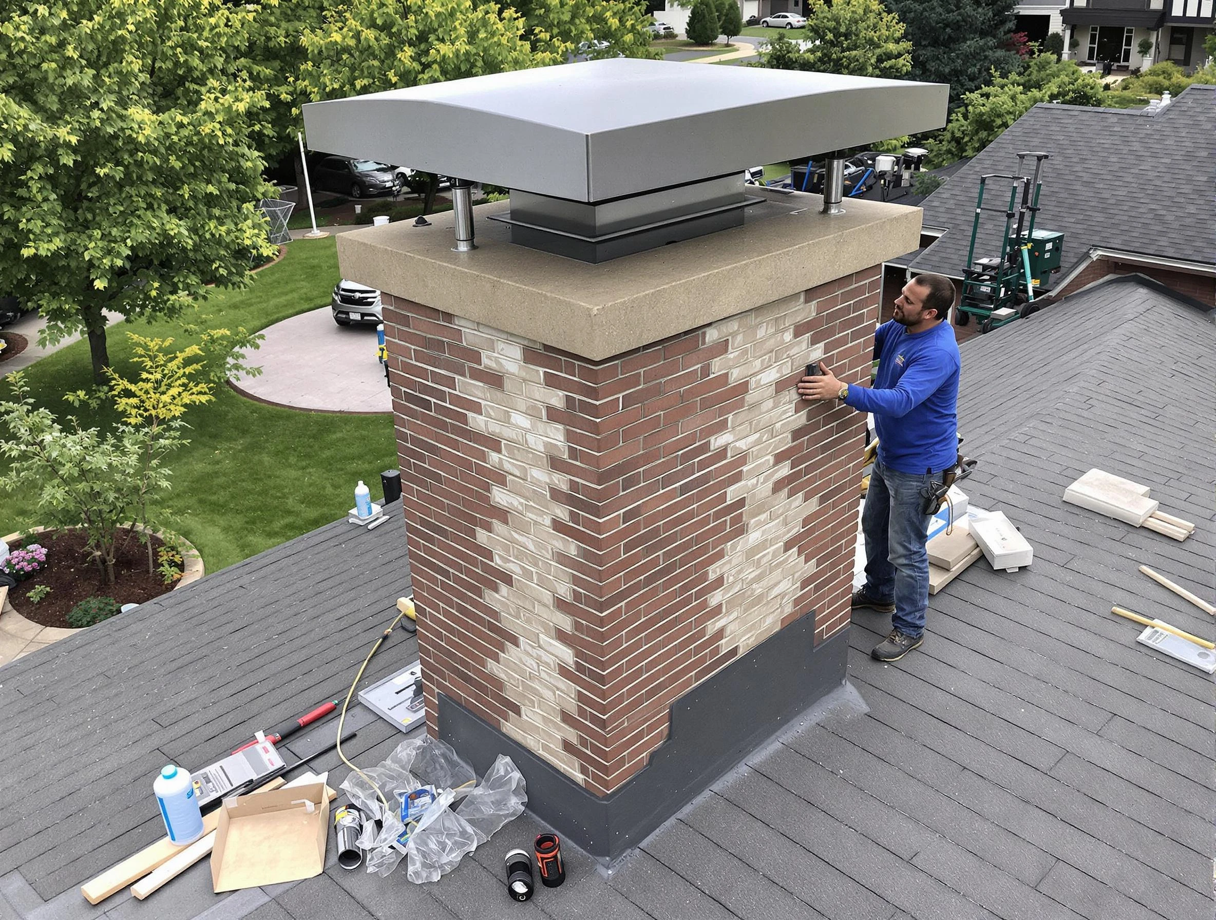 Franklin Chimney Sweep team working on a custom chimney remodel in Franklin, MA